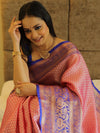 Banarasee Kora Muslin Saree With Jaal Design & Skirt Border-Peach & Blue