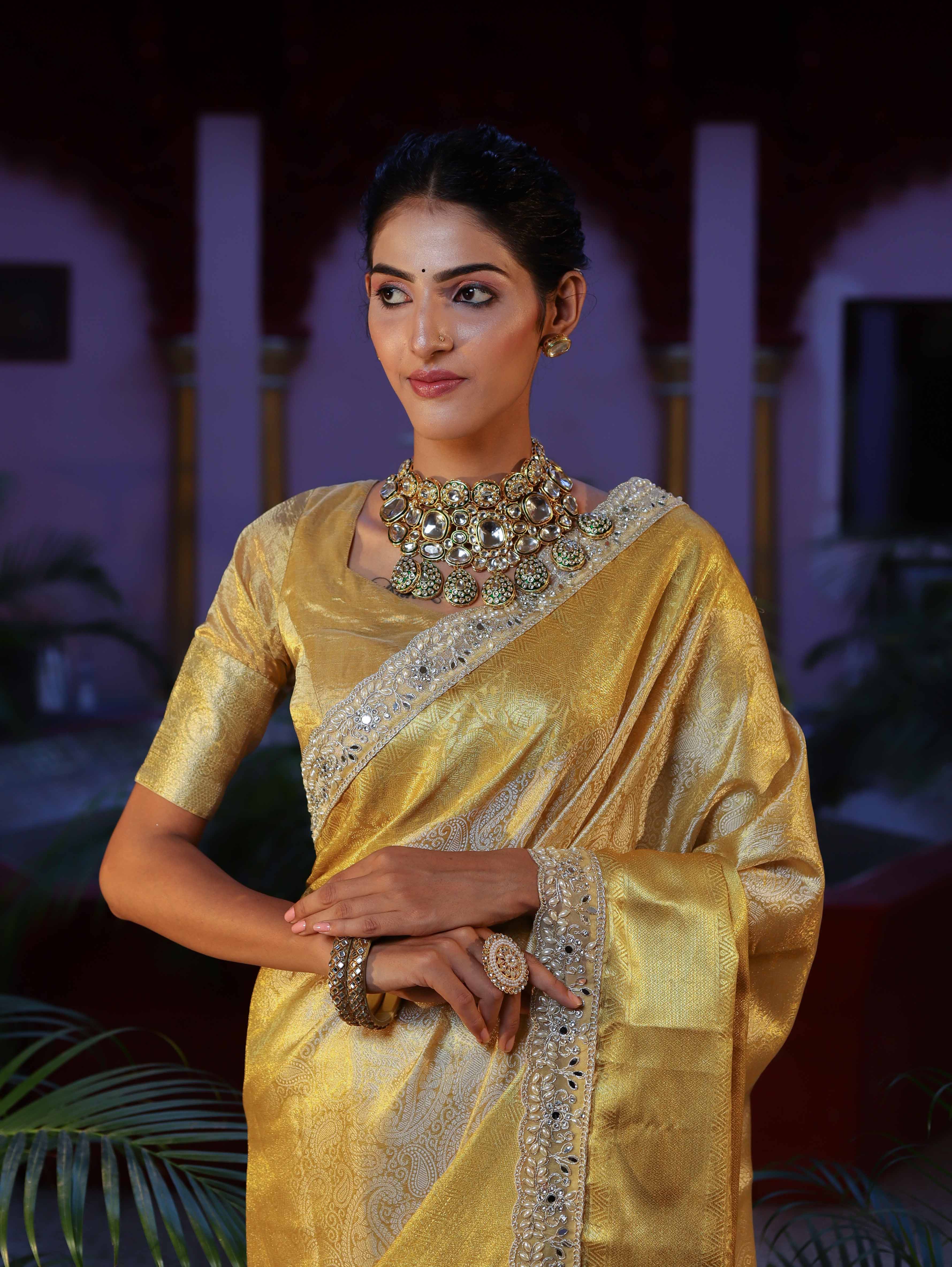 Banarasee Handwoven Tissue Saree With Zari Weaving Design & Lace-Golden Yellow