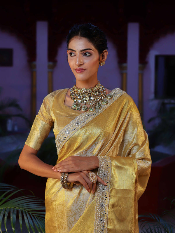 Banarasee Handwoven Tissue Saree With Zari Weaving Design & Lace-Golden Yellow