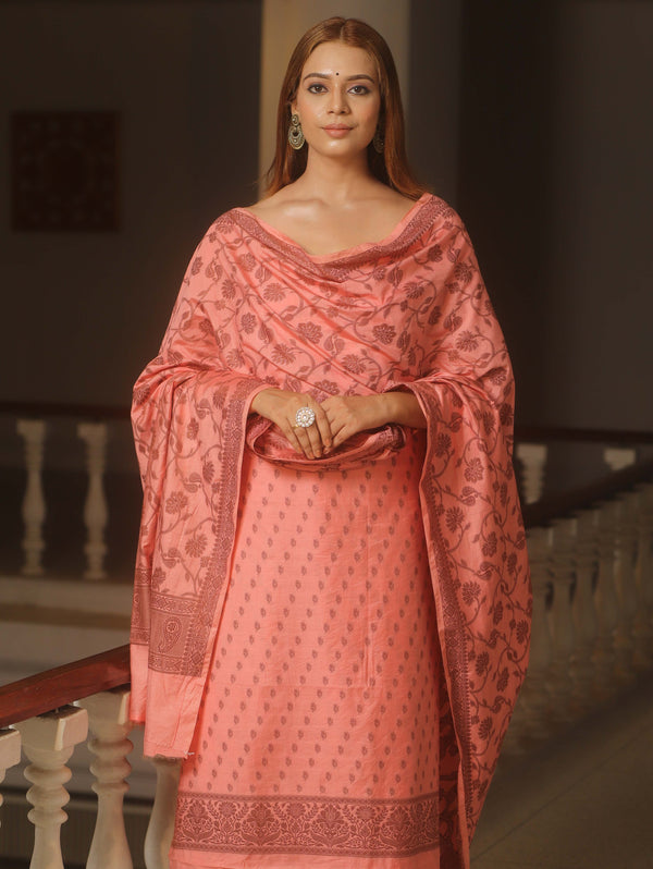 Banarasee Cotton Salwar Kameez Fabric With Dupatta & Resham Work-Peach