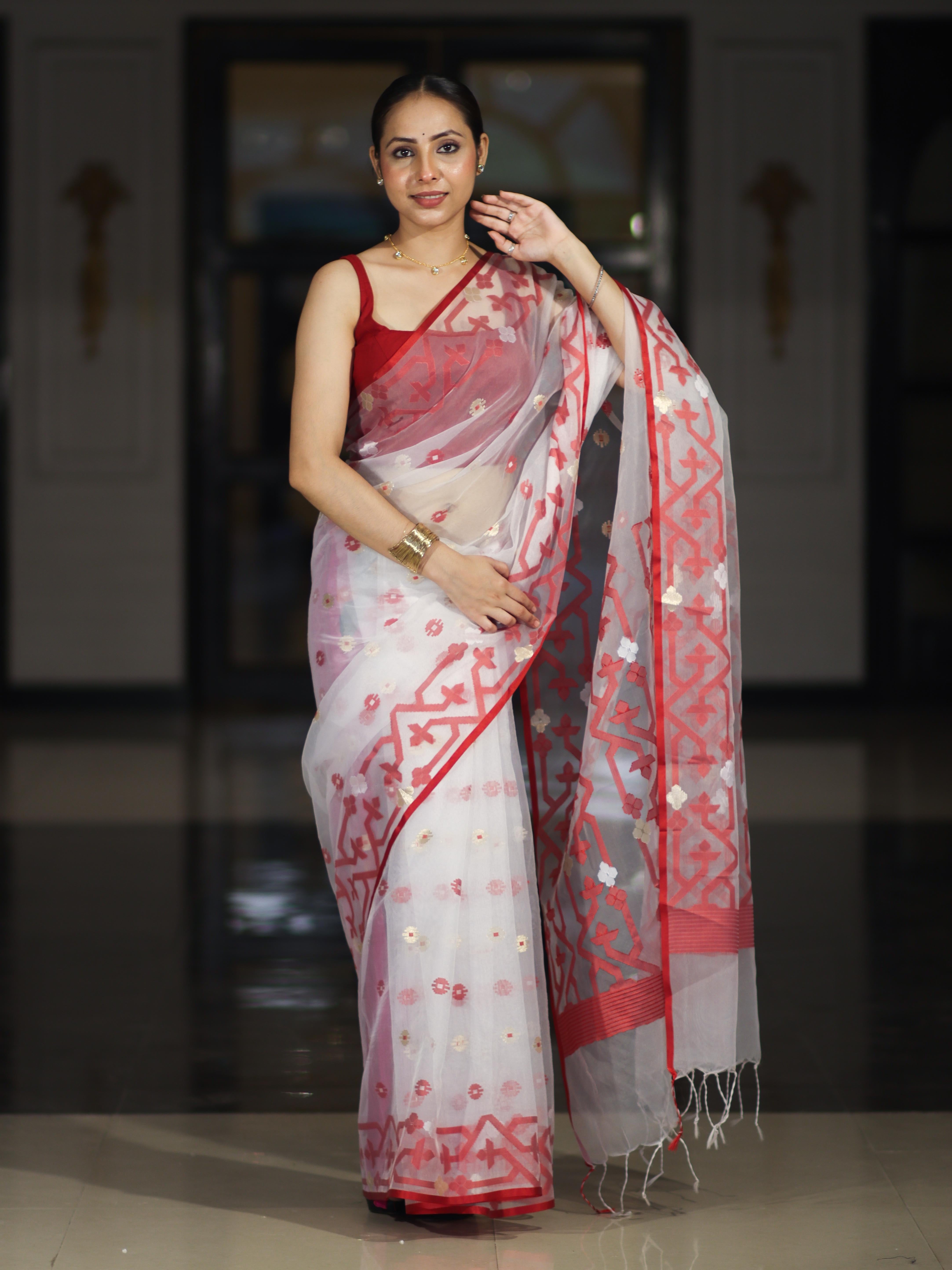 Banarasee Handloom Organza Mix Saree With Resham & Zari Work-White & Maroon
