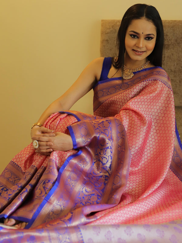 Banarasee Kora Muslin Saree With Jaal Design & Skirt Border-Peach & Blue