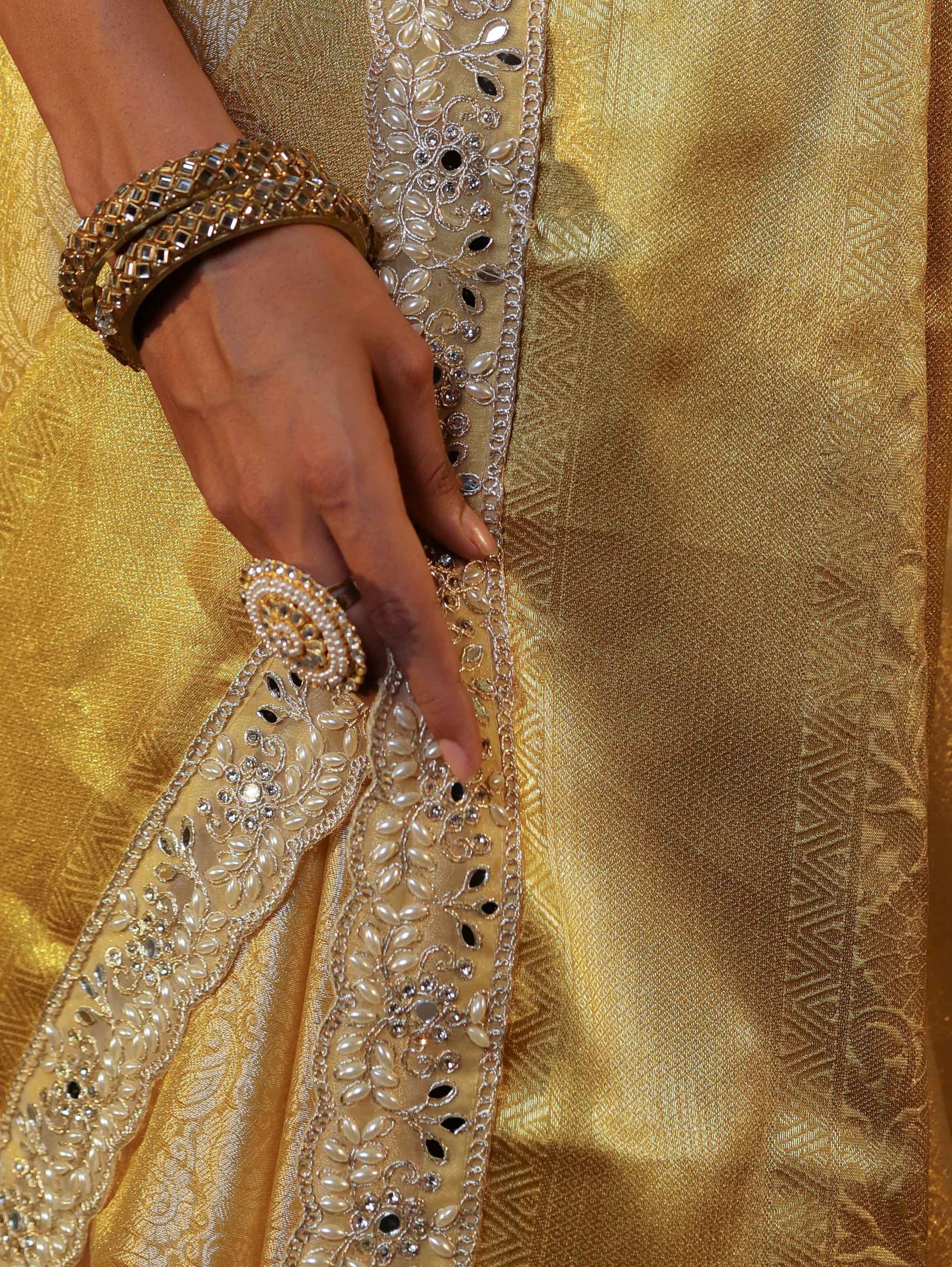 Banarasee Handwoven Tissue Saree With Zari Weaving Design & Lace-Golden Yellow