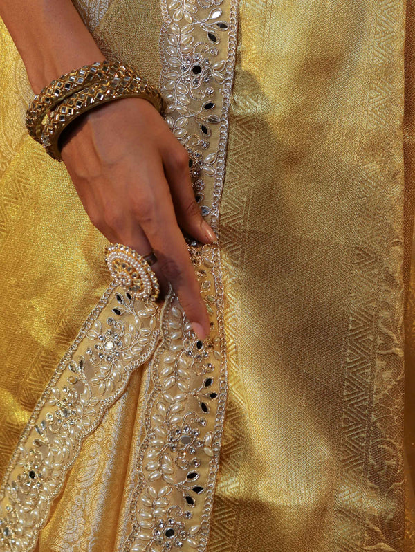 Banarasee Handwoven Tissue Saree With Zari Weaving Design & Lace-Golden Yellow