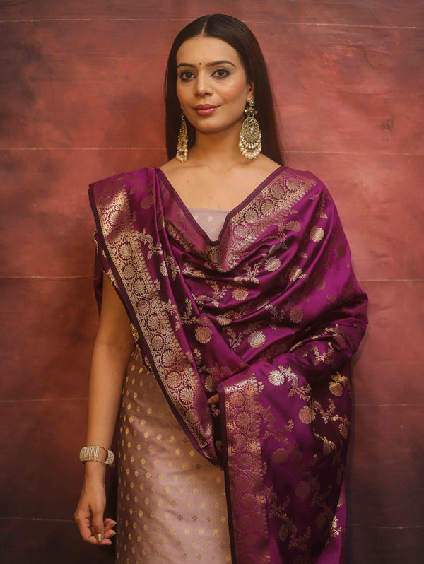 Banarasee Semi-Silk Salwar Kameez Fabric With Contrast Dupatta Set-Violet