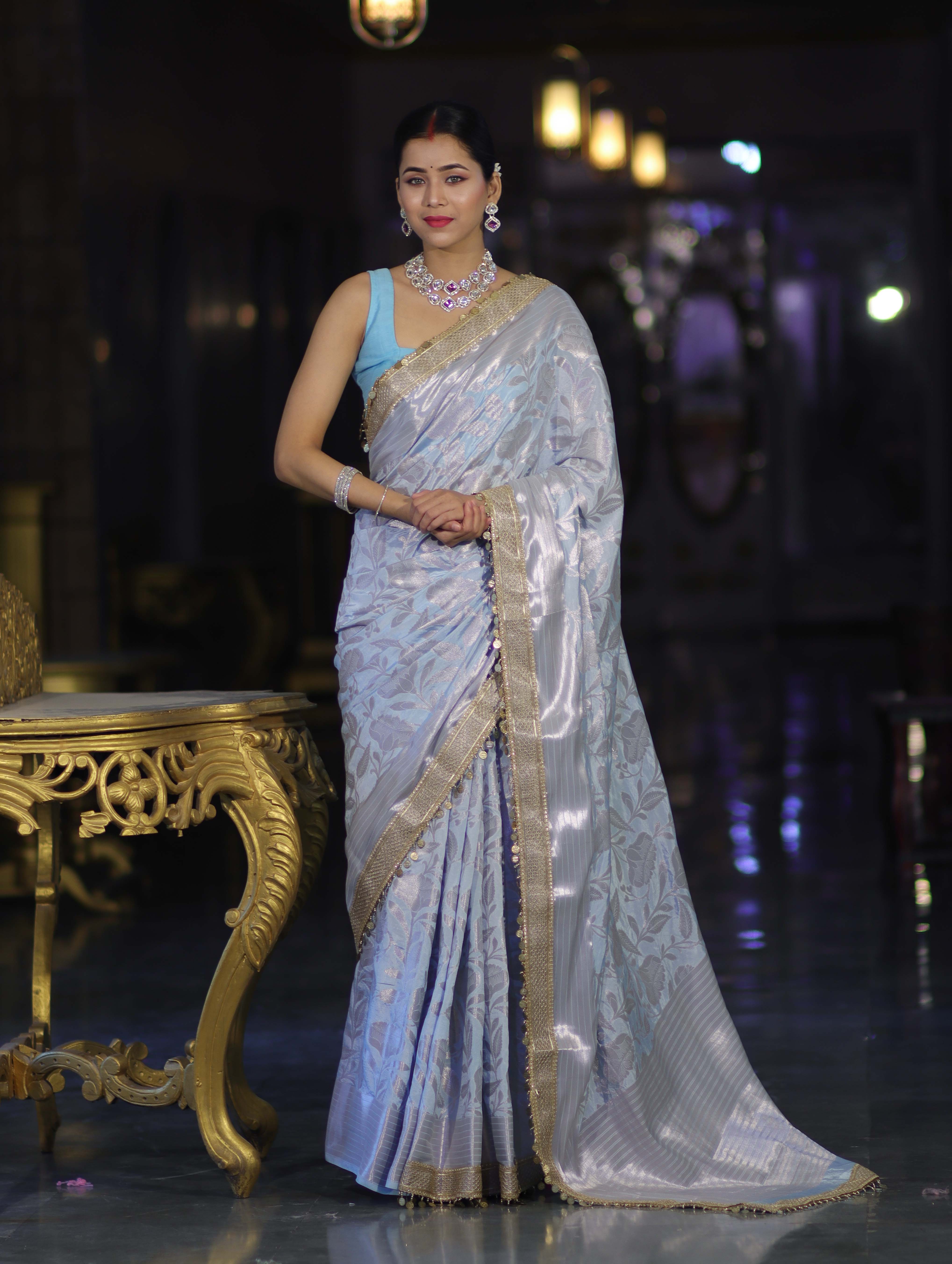 Banarasee Handloom Semi Silk Saree With Silver Zari Work Border & Lace-Light Blue