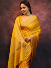 Banarasee Handwoven Semi Silk Plain Saree With Zari Border-Yellow