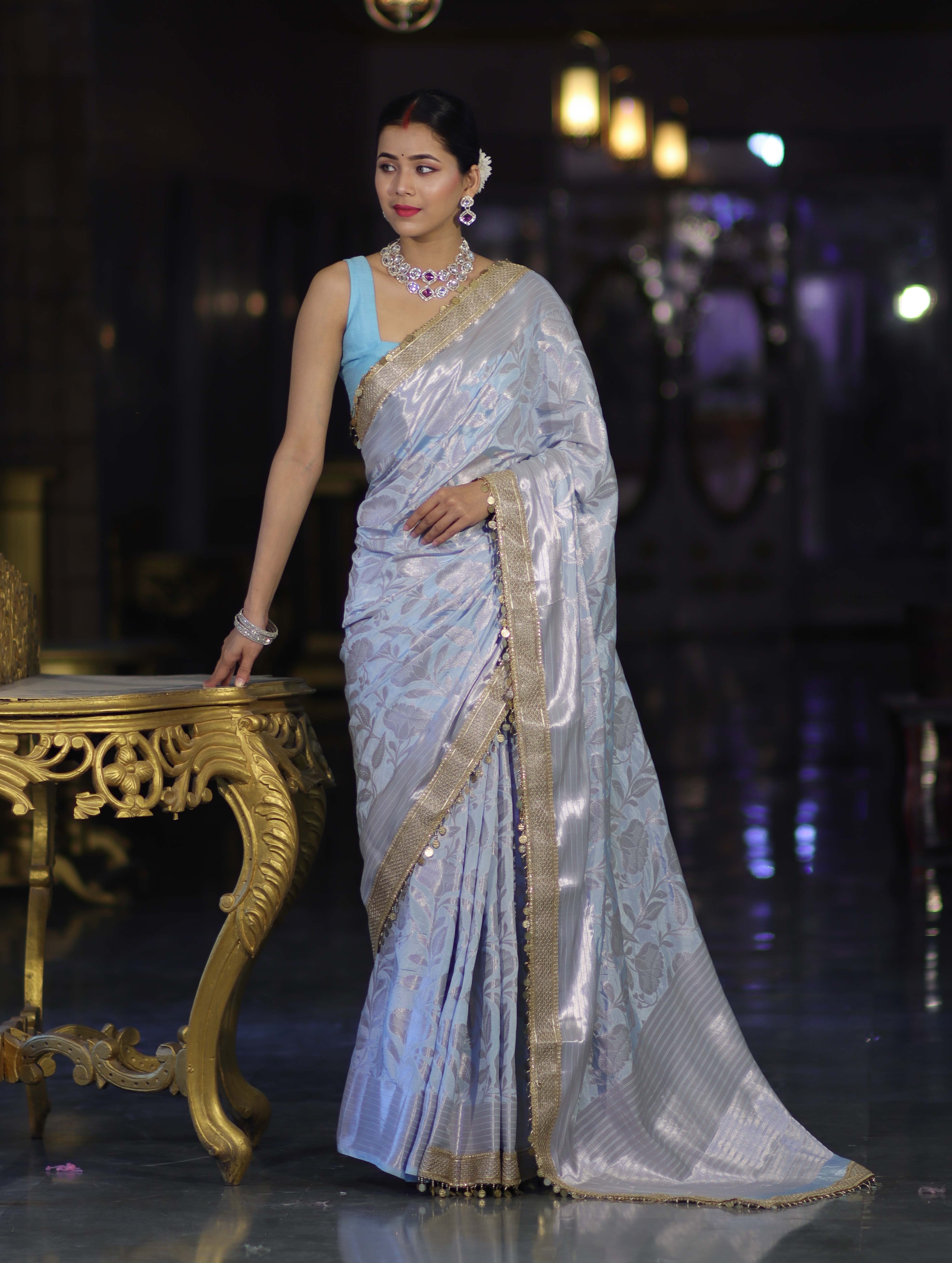 Banarasee Handloom Semi Silk Saree With Silver Zari Work Border & Lace-Light Blue