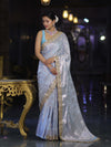 Banarasee Handloom Semi Silk Saree With Silver Zari Work Border & Lace-Light Blue