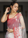 Banarasee Handloom Organza Mix Saree With Resham & Zari Work-White & Maroon