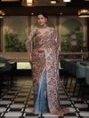 Banarasee Mirror Embroidered Velvet & Tissue Saree-Beige