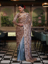 Banarasee Mirror Embroidered Velvet & Tissue Saree-Beige