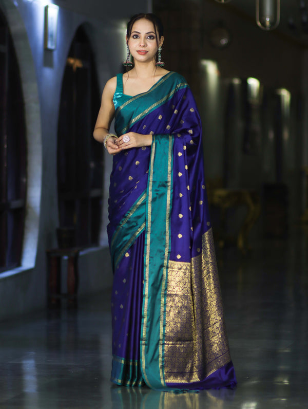 Banarasee Handloom Semi Silk Saree With Buti Design & Contrast Border-Violet & Green