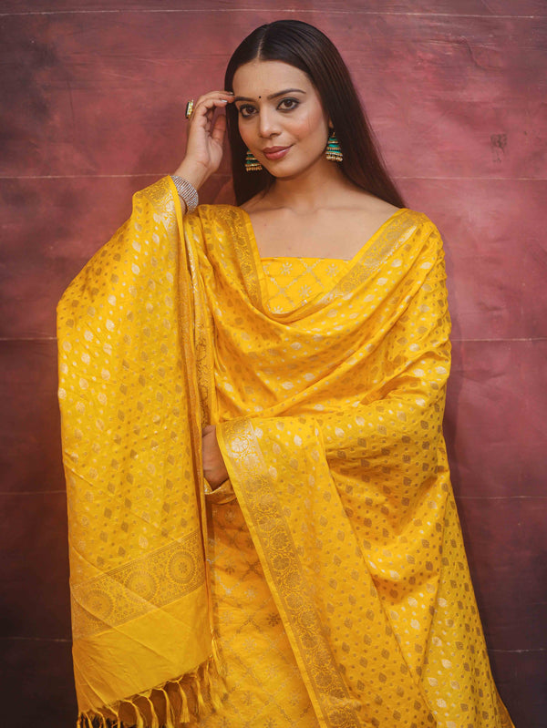 Banarasee Semi-Silk Zari Design Salwar Kameez Fabric With Dupatta Set-Yellow