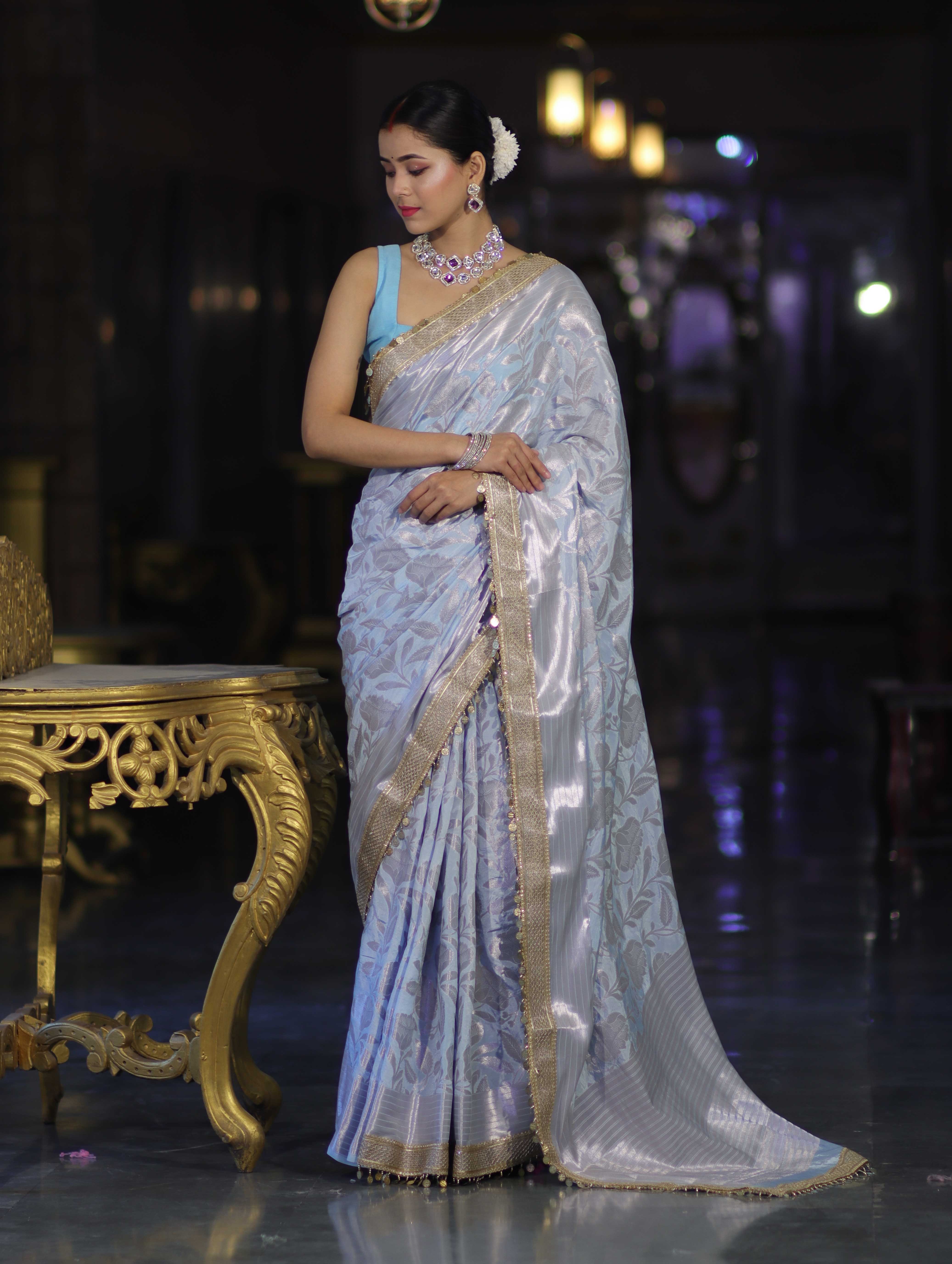 Banarasee Handloom Semi Silk Saree With Silver Zari Work Border & Lace-Light Blue