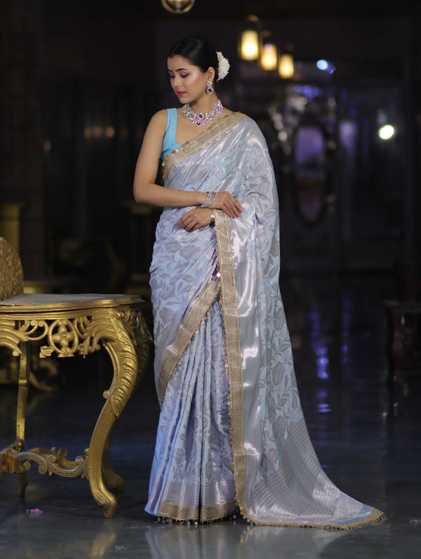 Banarasee Handloom Semi Silk Saree With Silver Zari Work Border & Lace-Light Blue