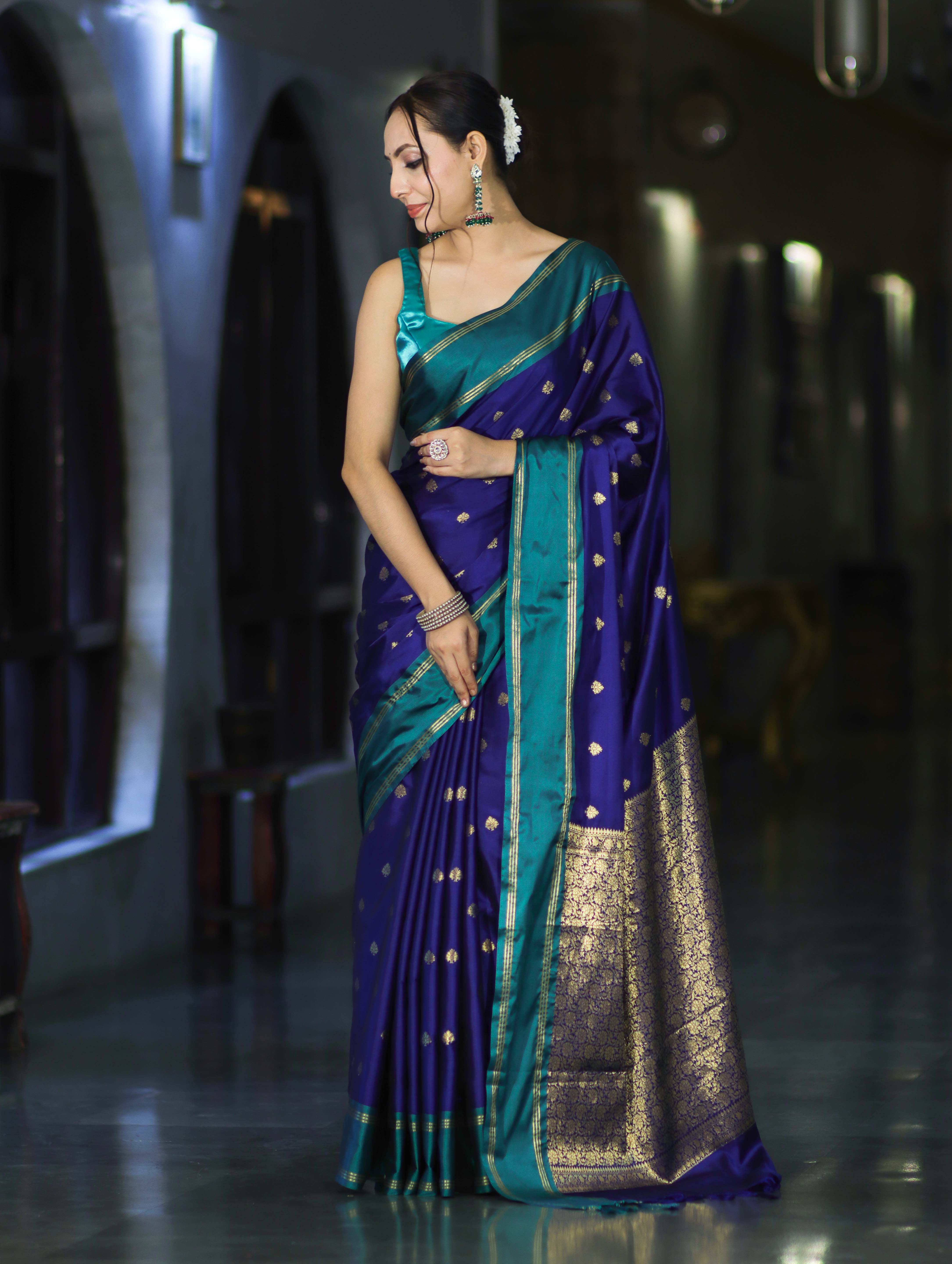 Banarasee Handloom Semi Silk Saree With Buti Design & Contrast Border-Violet & Green