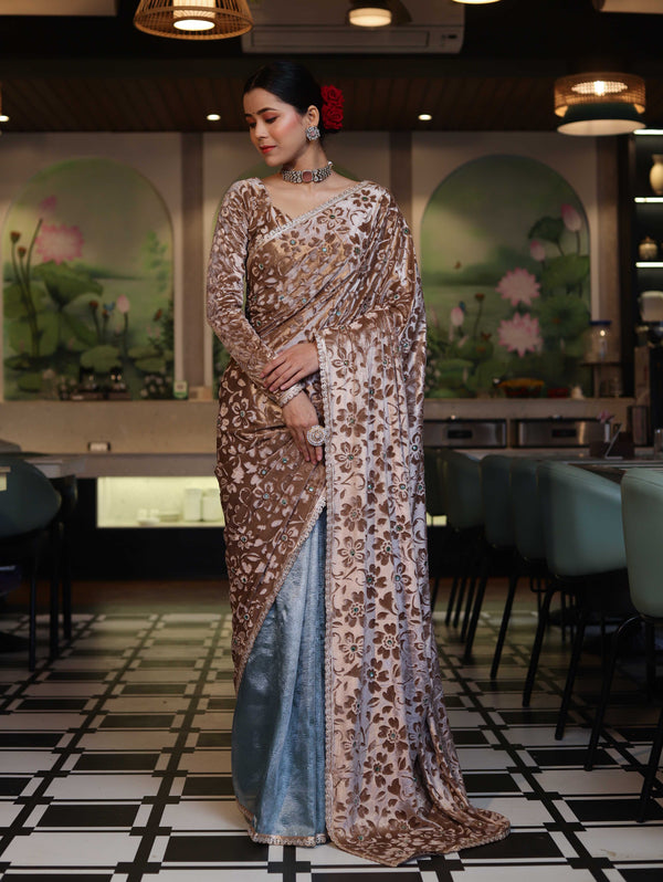 Banarasee Mirror Embroidered Velvet & Tissue Saree-Beige