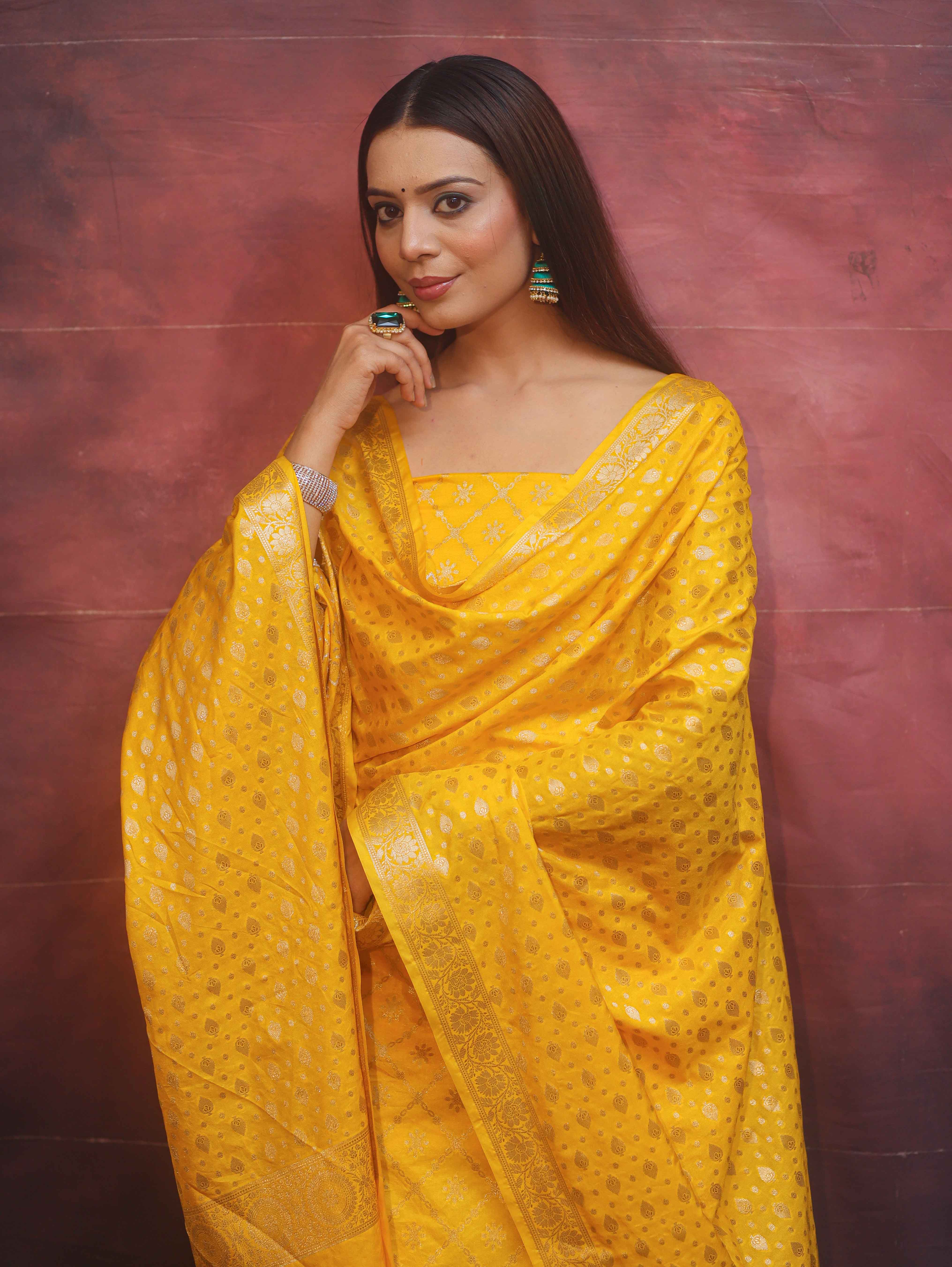 Banarasee Semi-Silk Zari Design Salwar Kameez Fabric With Dupatta Set-Yellow
