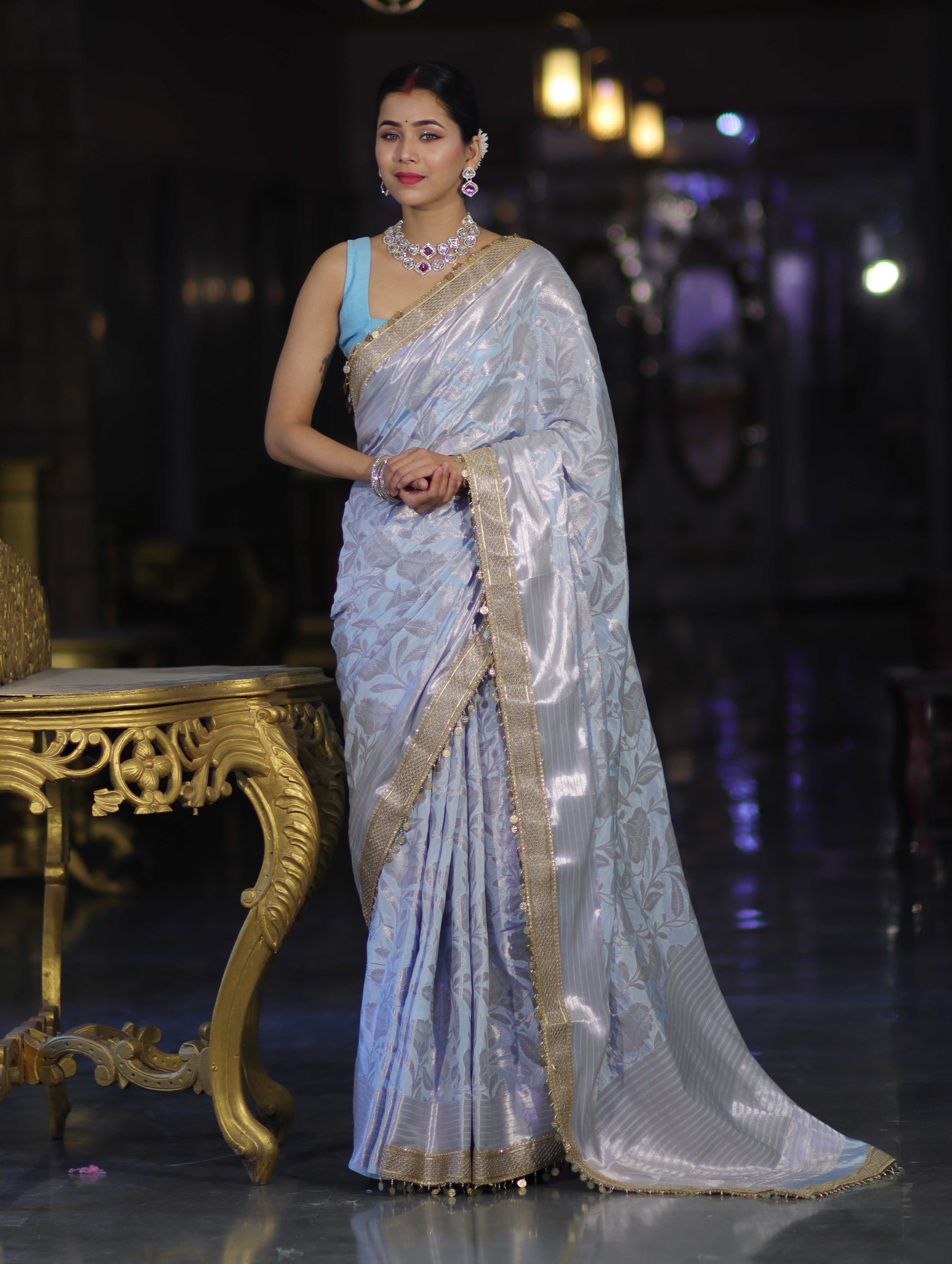 Banarasee Handloom Semi Silk Saree With Silver Zari Work Border & Lace-Light Blue