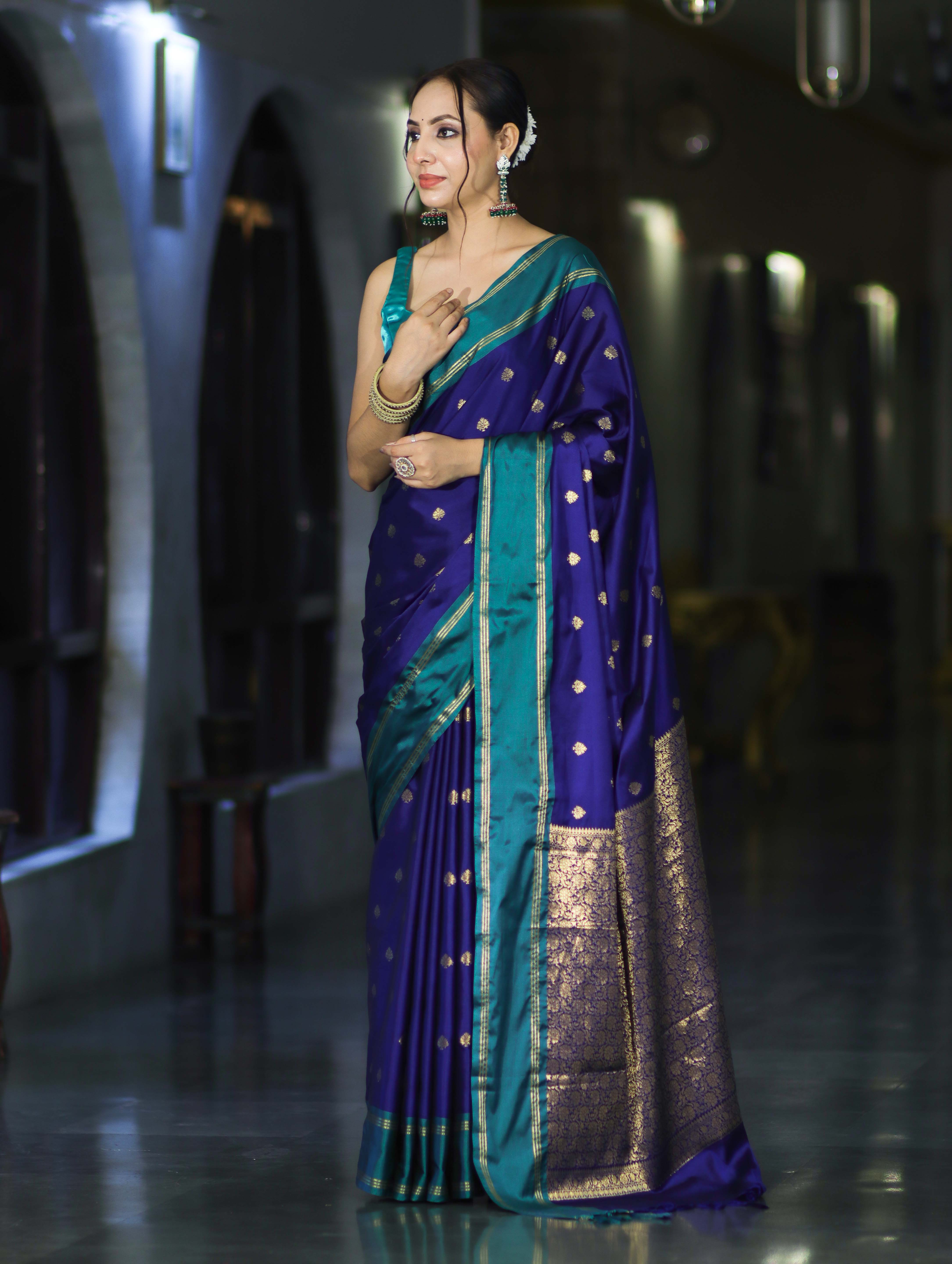 Banarasee Handloom Semi Silk Saree With Buti Design & Contrast Border-Violet & Green