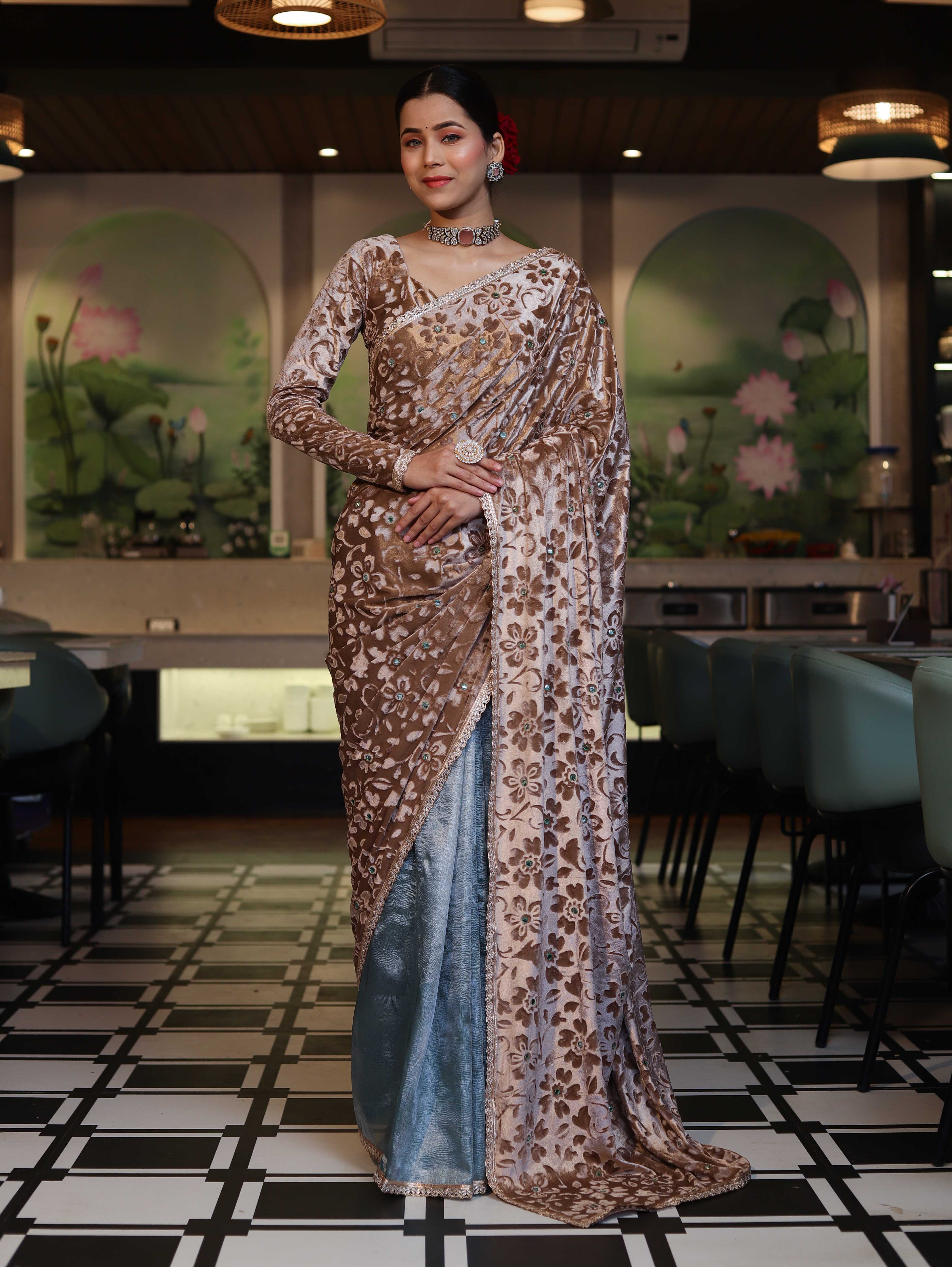 Banarasee Mirror Embroidered Velvet & Tissue Saree-Beige