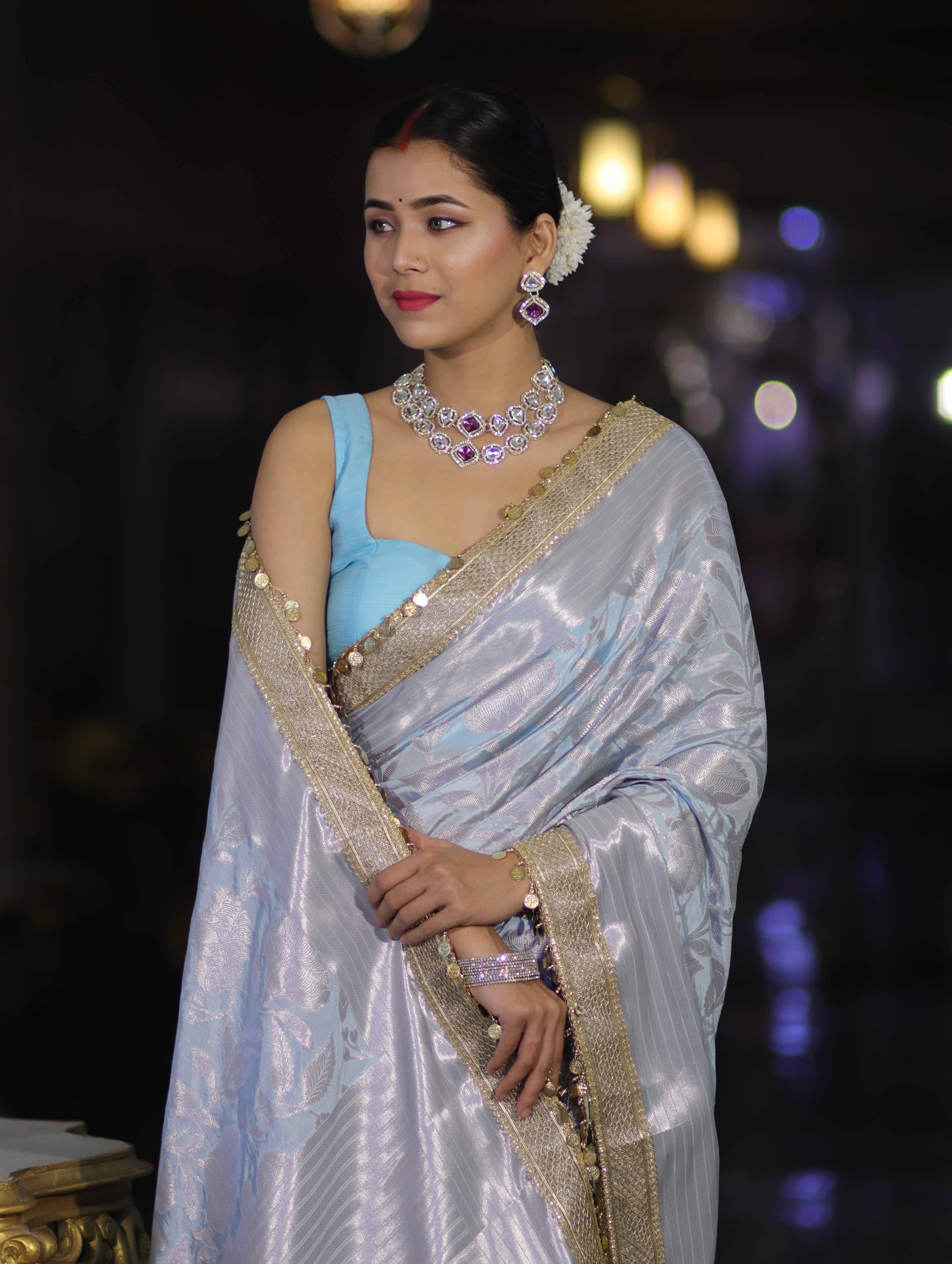 Banarasee Handloom Semi Silk Saree With Silver Zari Work Border & Lace-Light Blue