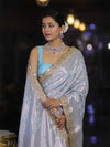 Banarasee Handloom Semi Silk Saree With Silver Zari Work Border & Lace-Light Blue