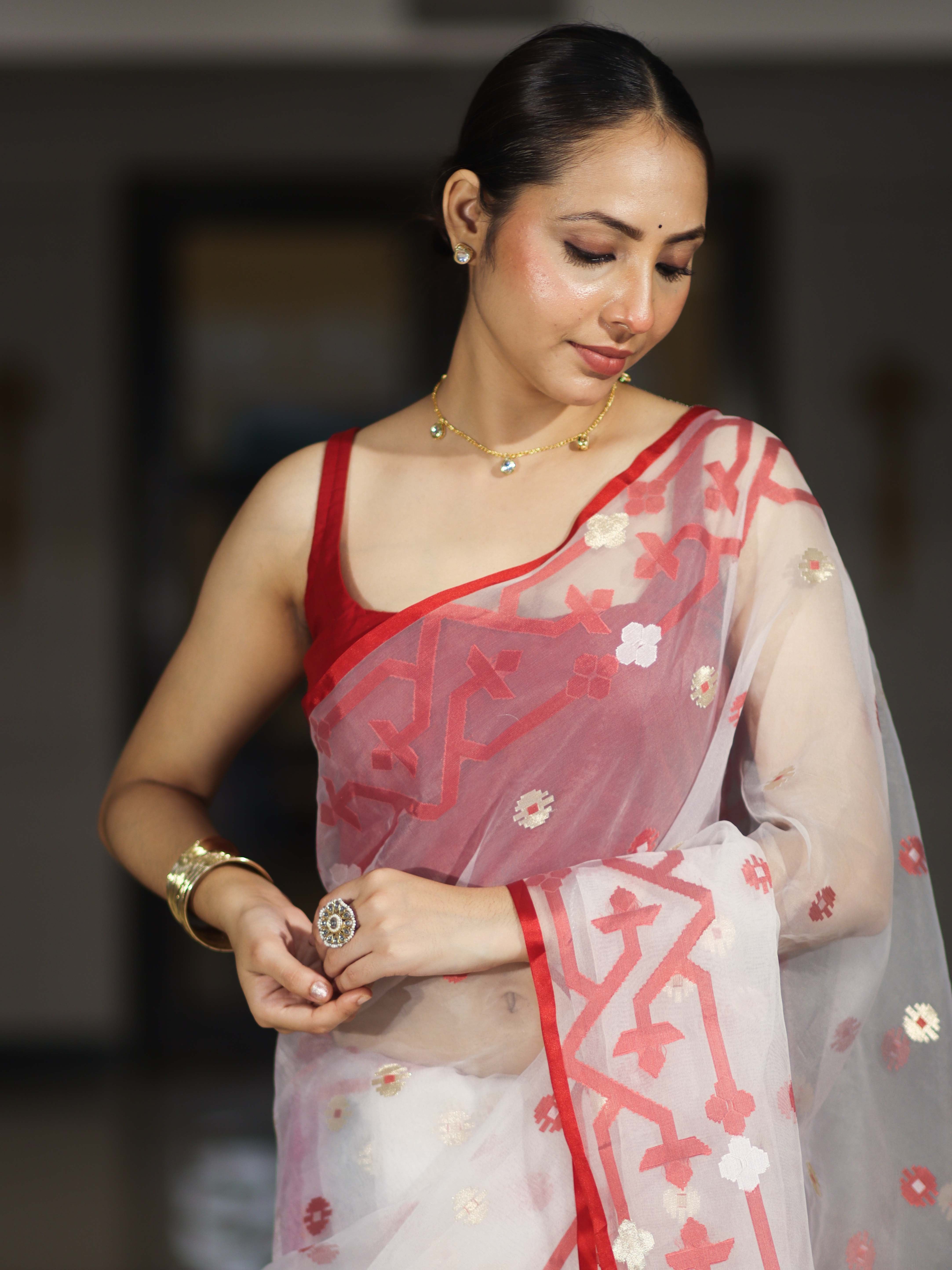 Banarasee Handloom Organza Mix Saree With Resham & Zari Work-White & Maroon