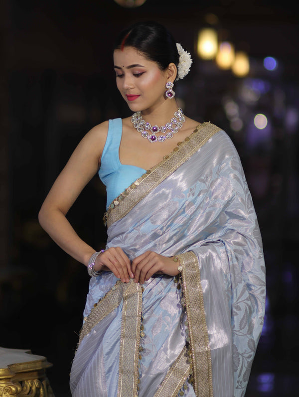 Banarasee Handloom Semi Silk Saree With Silver Zari Work Border & Lace-Light Blue