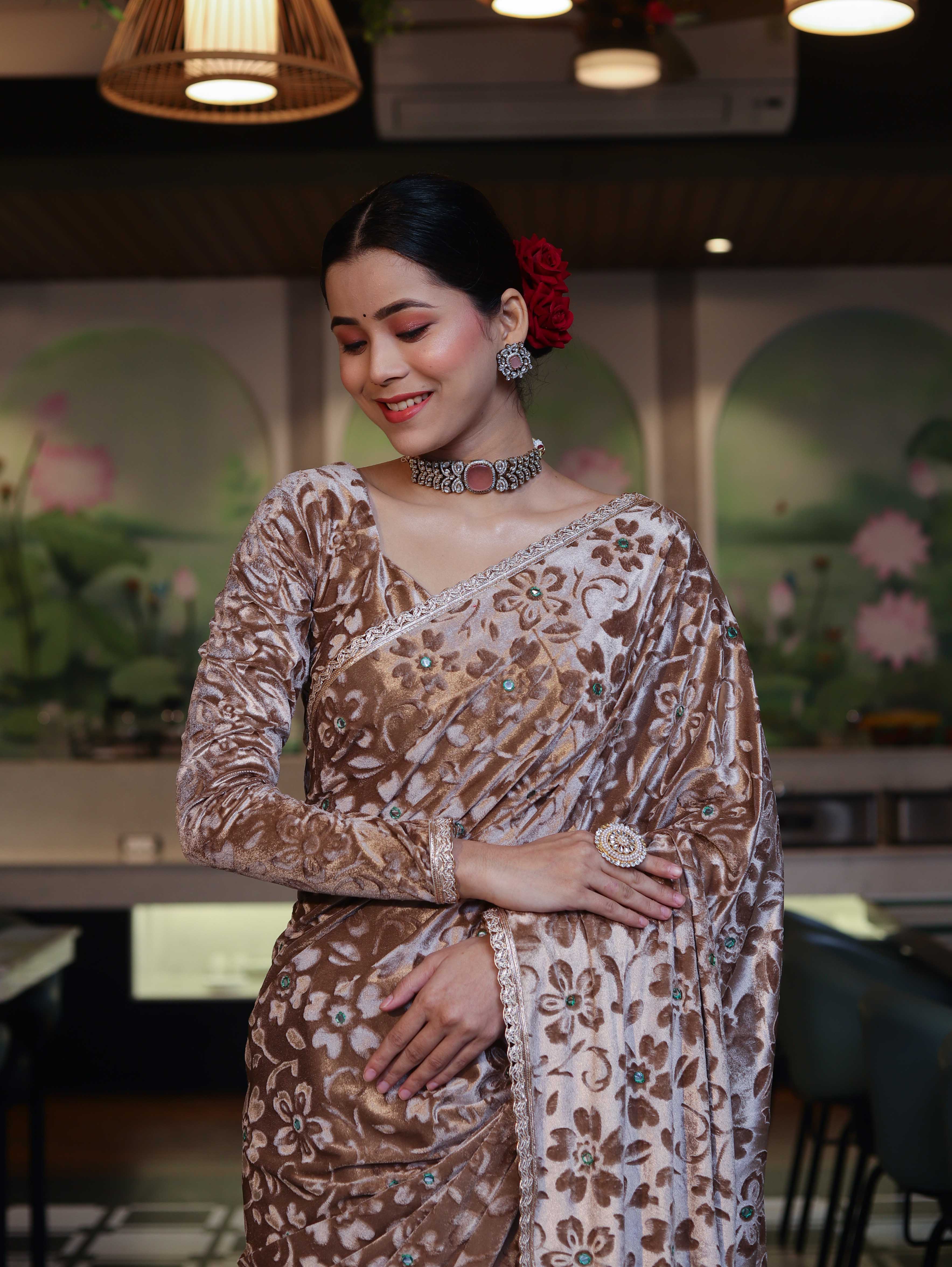 Banarasee Mirror Embroidered Velvet & Tissue Saree-Beige