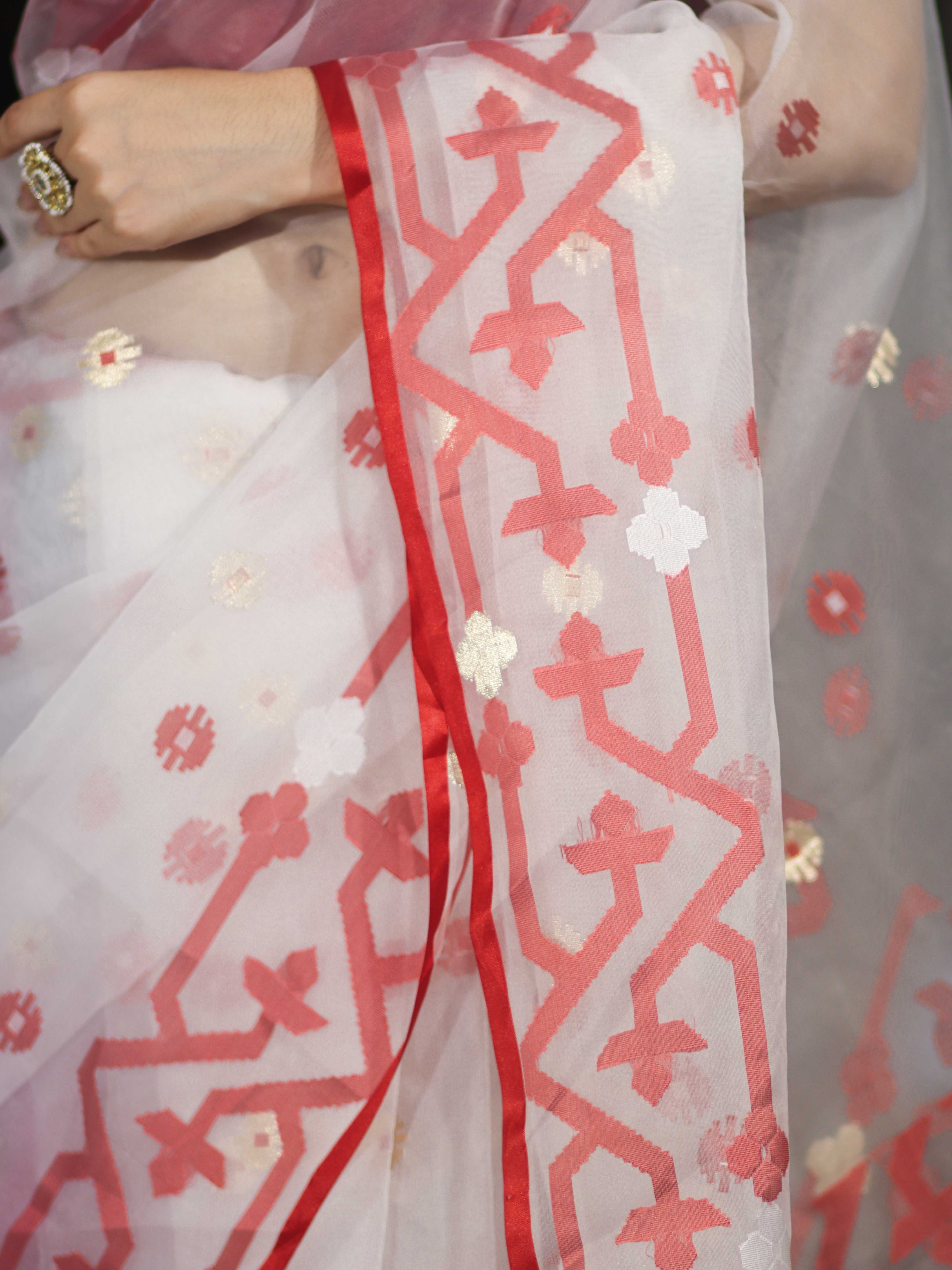 Banarasee Handloom Organza Mix Saree With Resham & Zari Work-White & Maroon