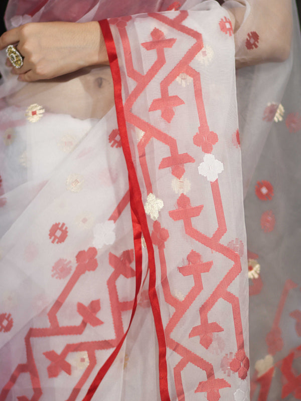 Banarasee Handloom Organza Mix Saree With Resham & Zari Work-White & Maroon