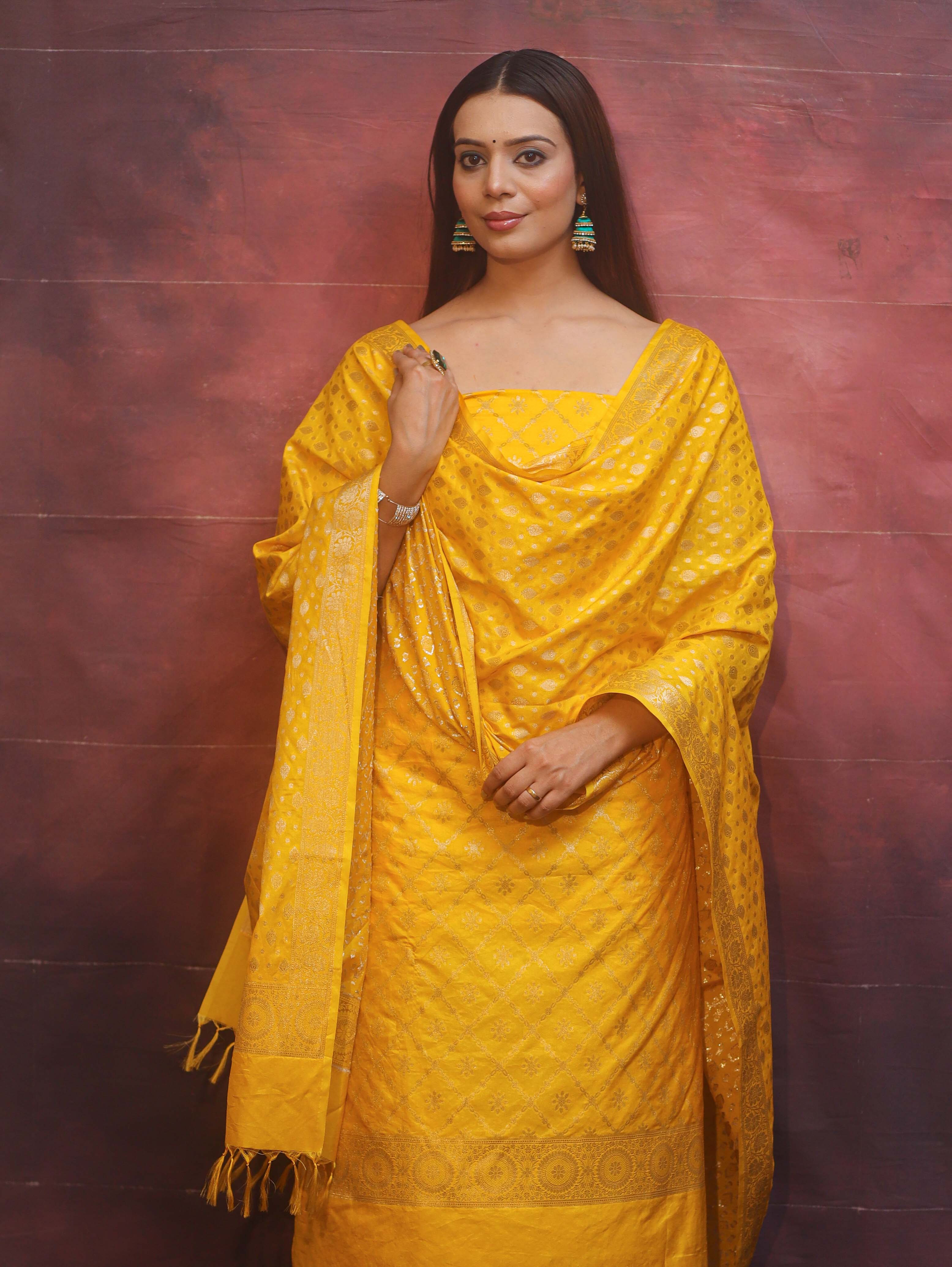 Banarasee Semi-Silk Zari Design Salwar Kameez Fabric With Dupatta Set-Yellow