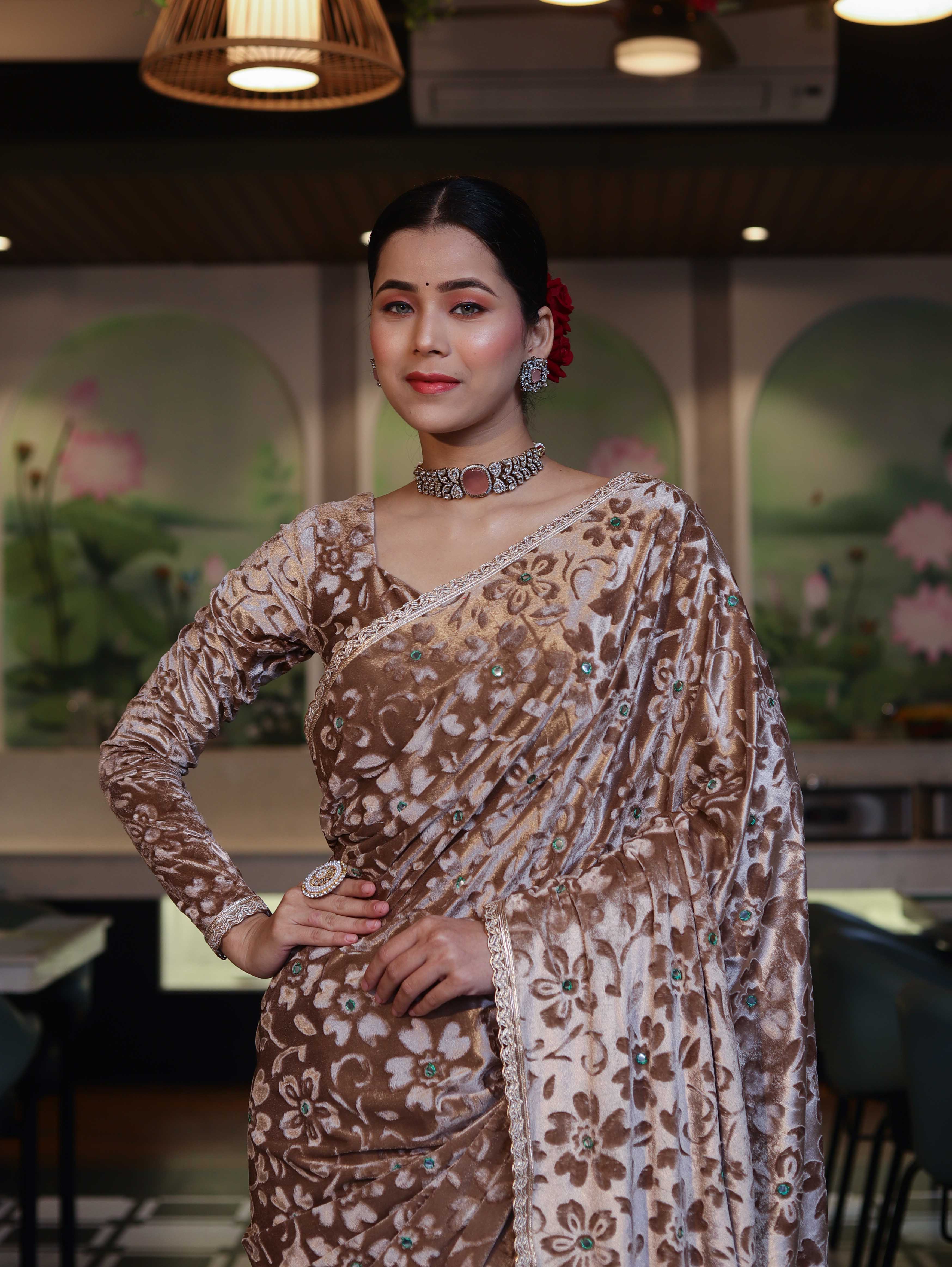 Banarasee Mirror Embroidered Velvet & Tissue Saree-Beige