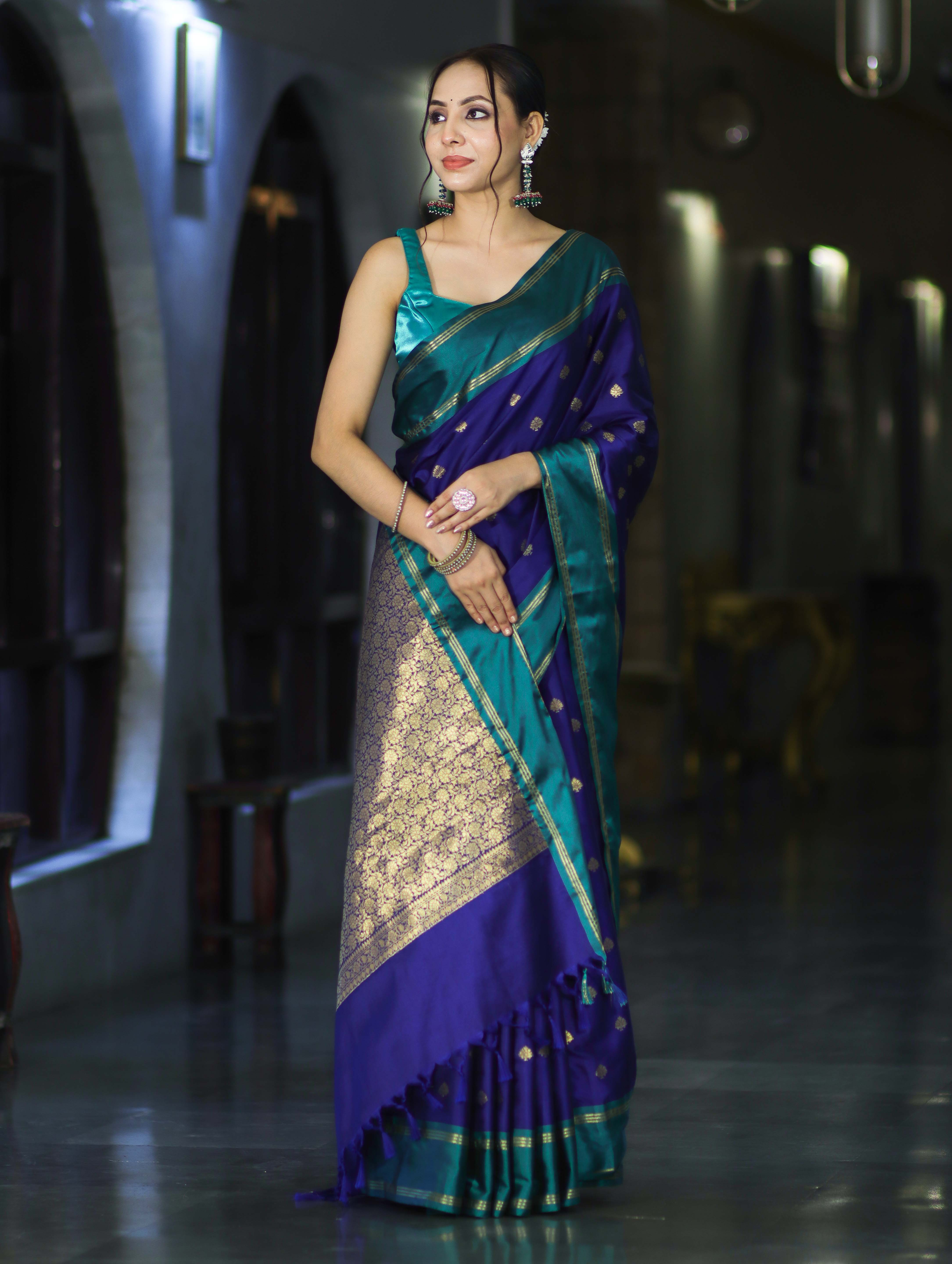 Banarasee Handloom Semi Silk Saree With Buti Design & Contrast Border-Violet & Green