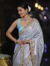 Banarasee Handloom Semi Silk Saree With Silver Zari Work Border & Lace-Light Blue