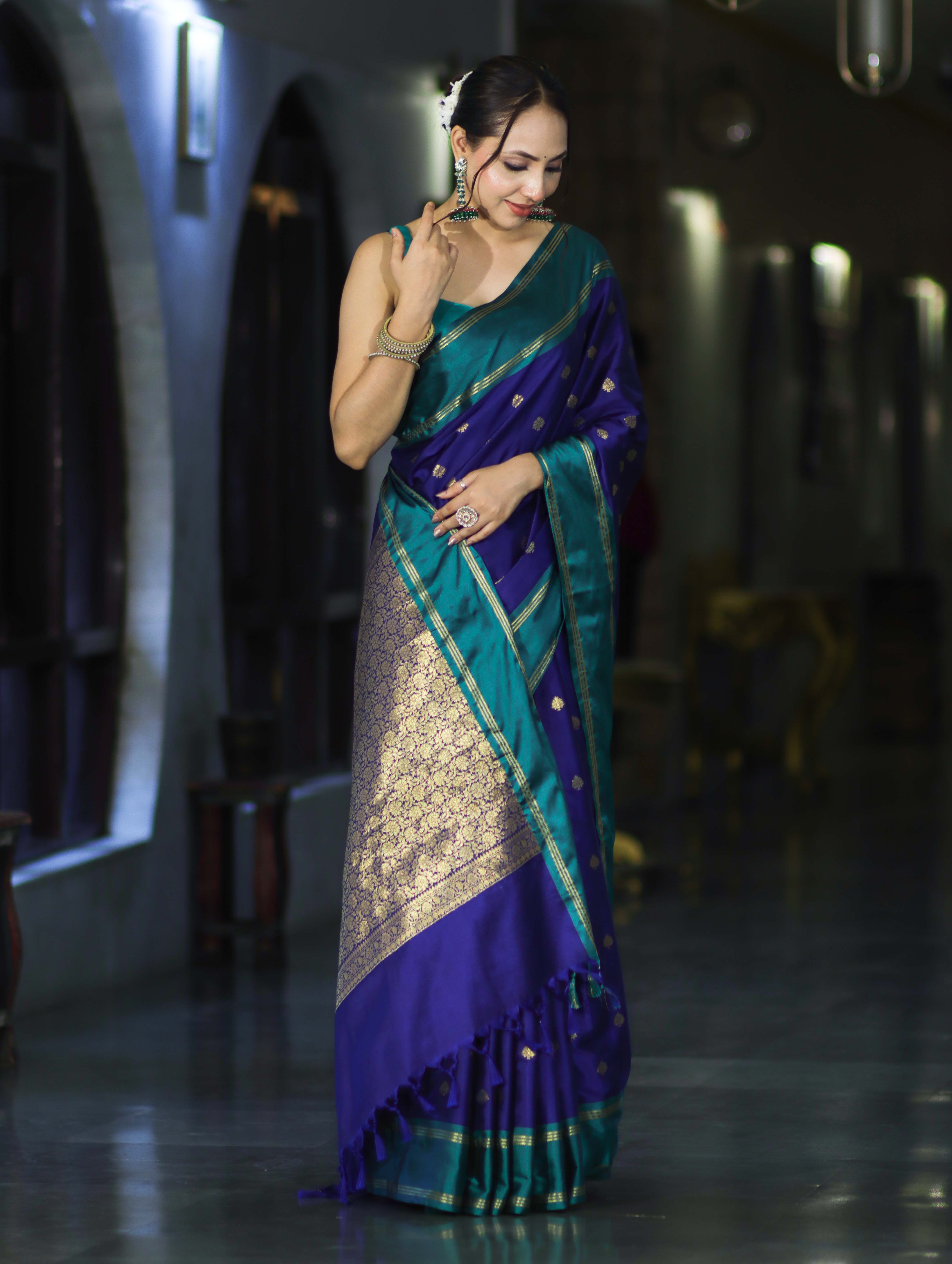 Banarasee Handloom Semi Silk Saree With Buti Design & Contrast Border-Violet & Green