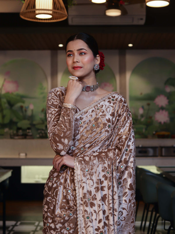 Banarasee Mirror Embroidered Velvet & Tissue Saree-Beige