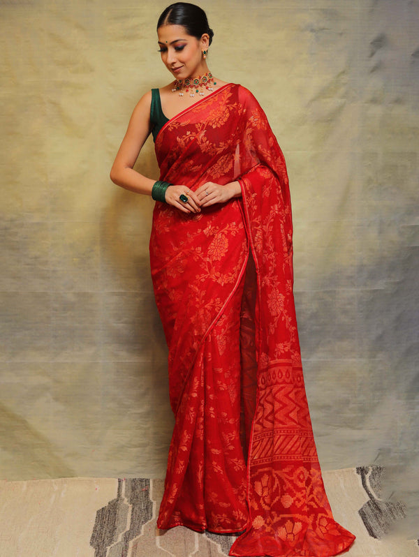 Banarasee Brasso Silk Jaal Saree With Contrast Embroidered Blouse-Red