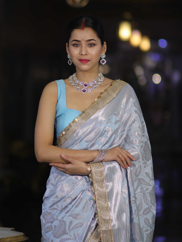Banarasee Handloom Semi Silk Saree With Silver Zari Work Border & Lace-Light Blue