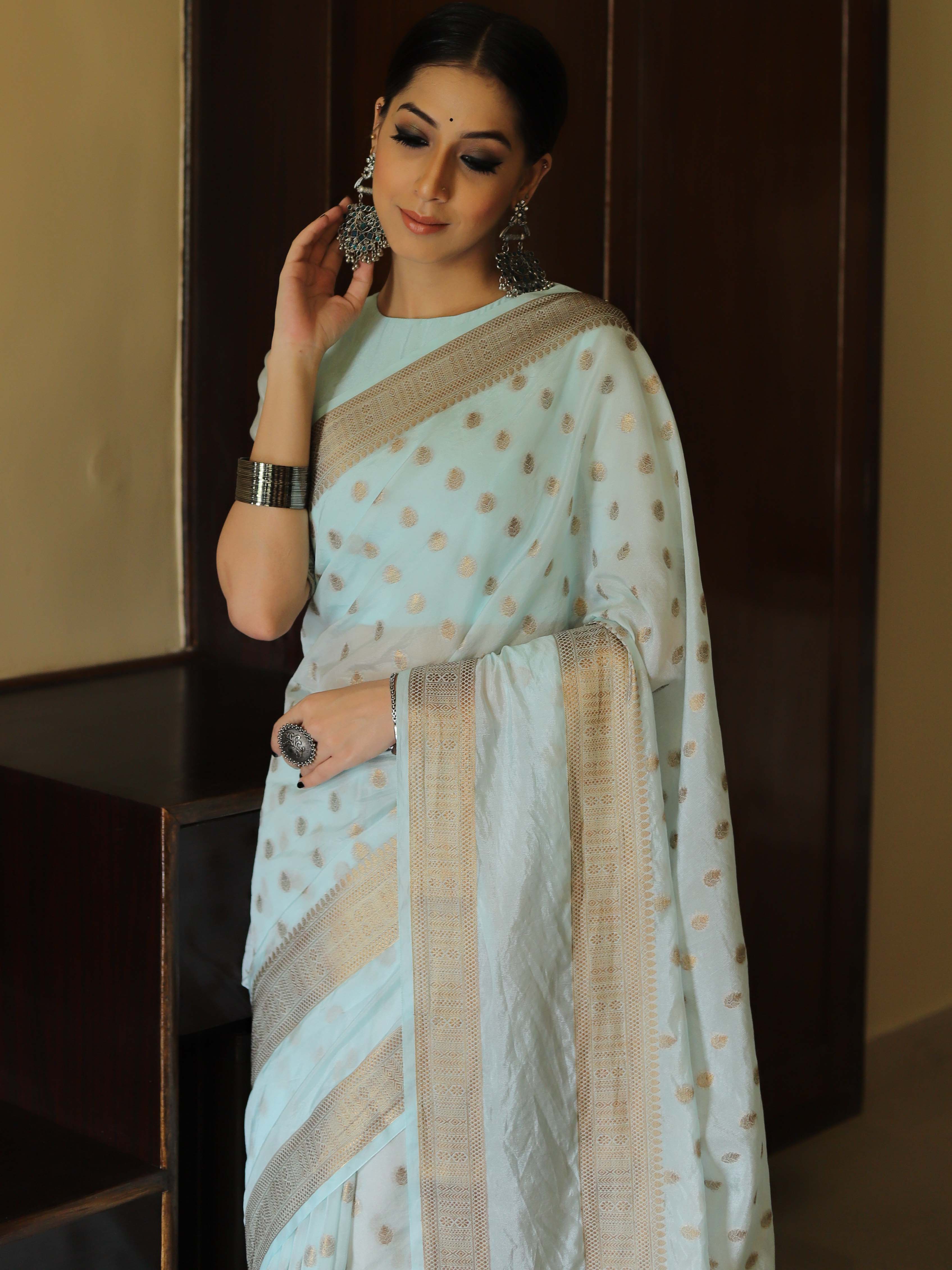 Banarasee Handwoven Semi Silk Saree With Antique Zari Design-Pastel Blue