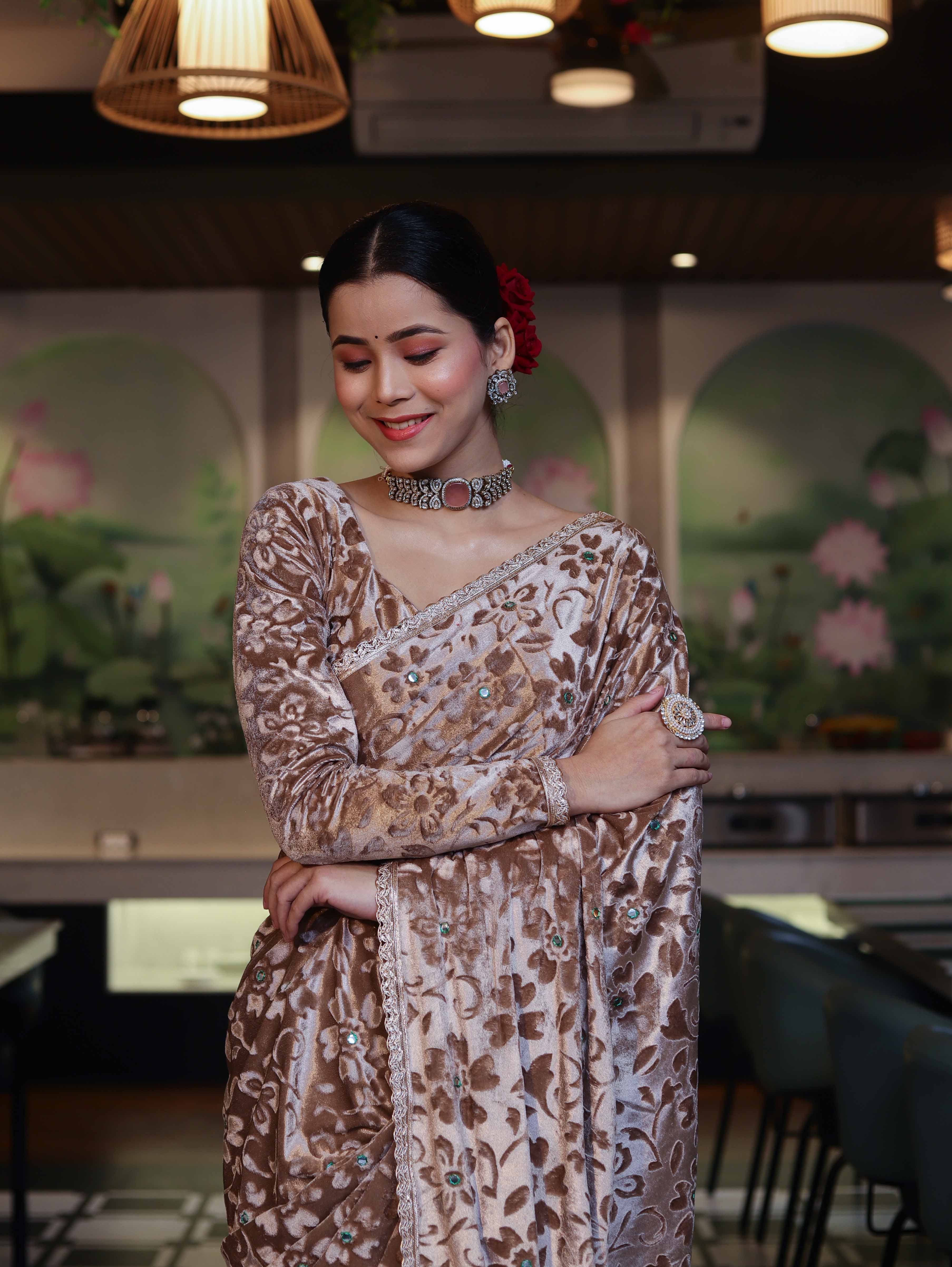 Banarasee Mirror Embroidered Velvet & Tissue Saree-Beige