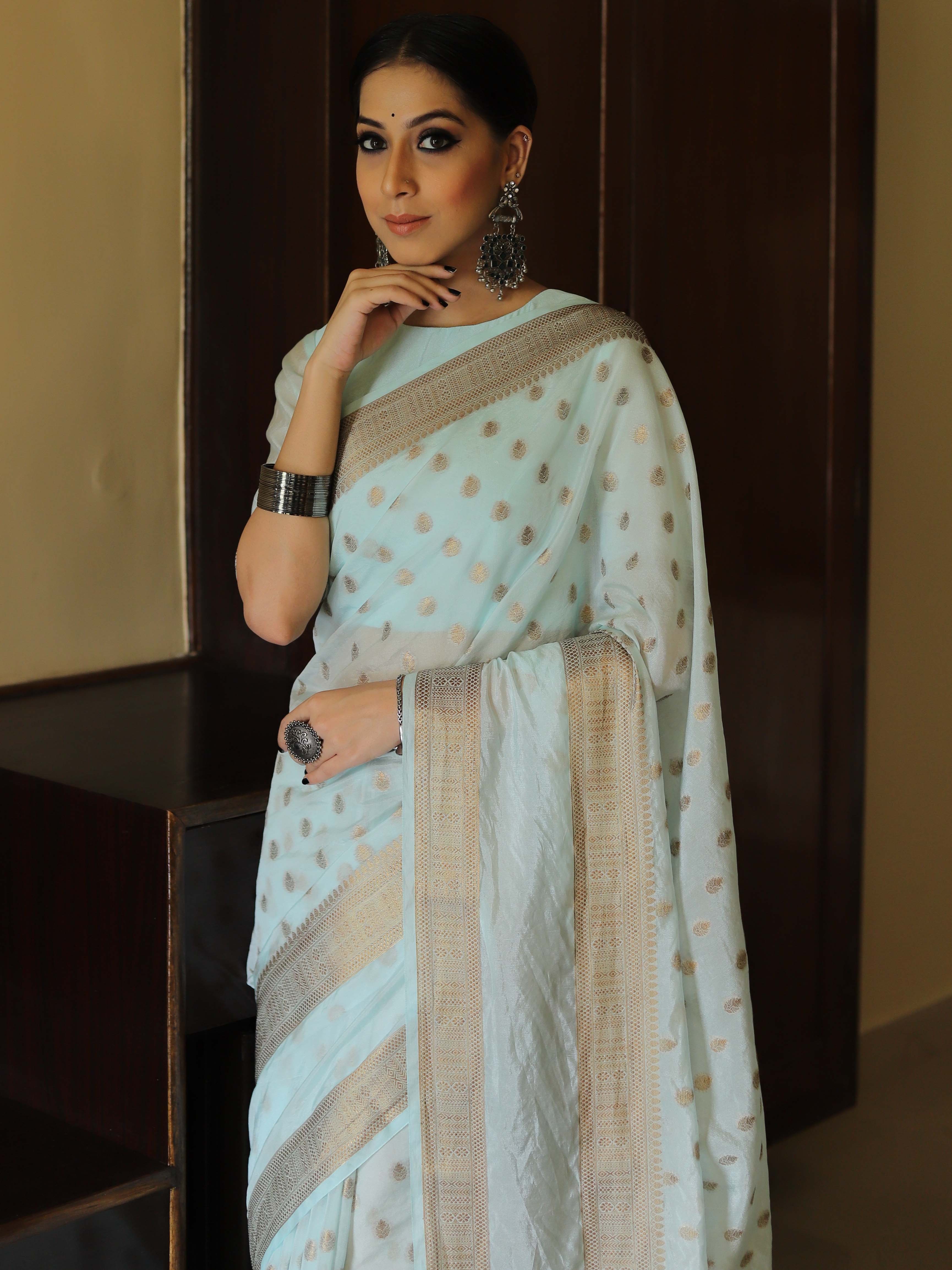 Banarasee Handwoven Semi Silk Saree With Antique Zari Design-Pastel Blue
