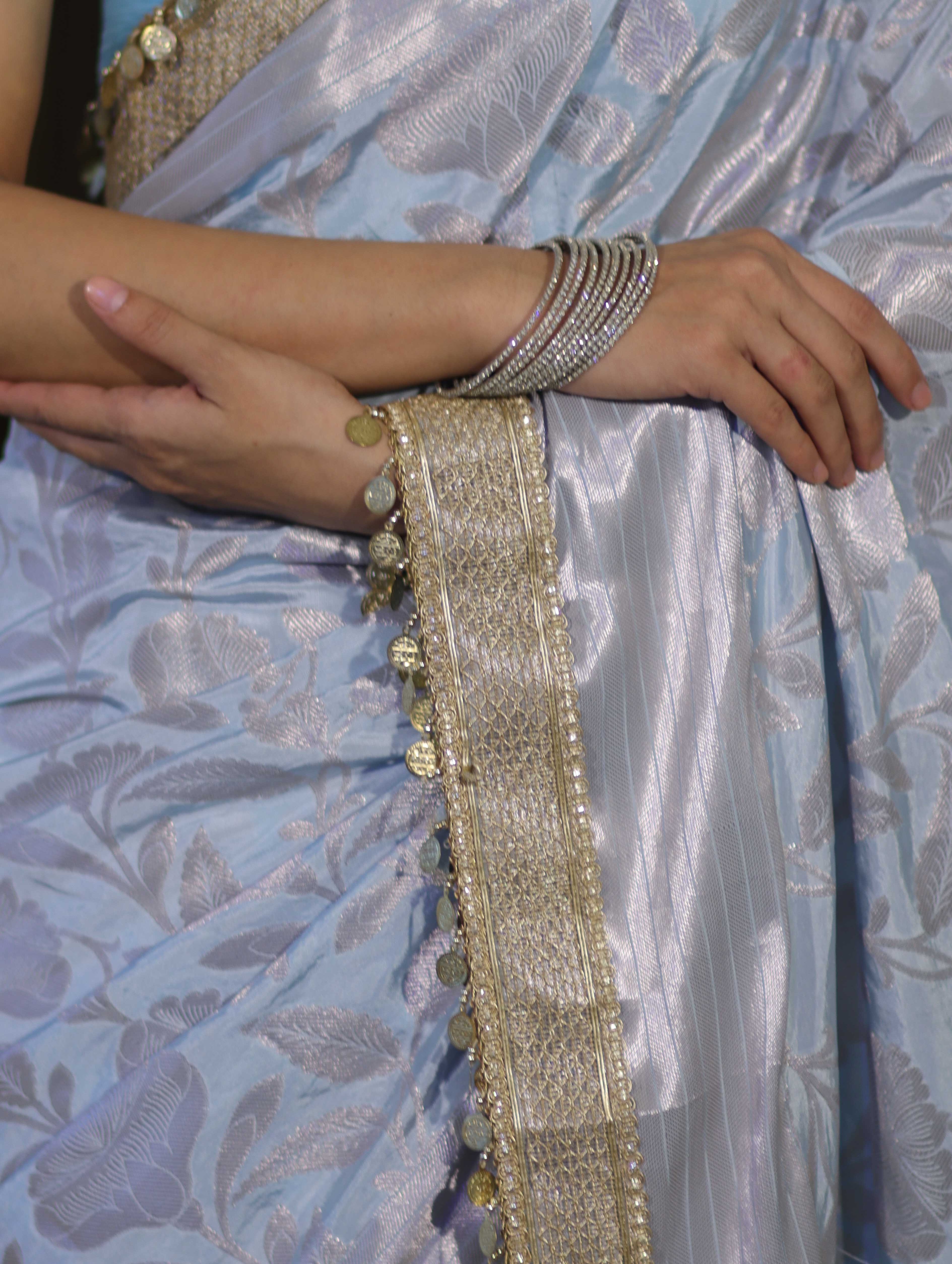 Banarasee Handloom Semi Silk Saree With Silver Zari Work Border & Lace-Light Blue