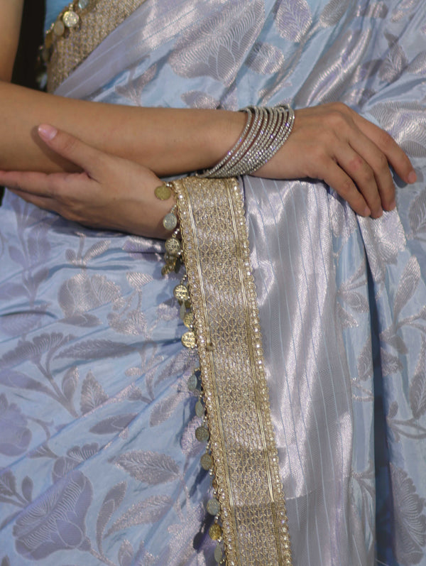 Banarasee Handloom Semi Silk Saree With Silver Zari Work Border & Lace-Light Blue