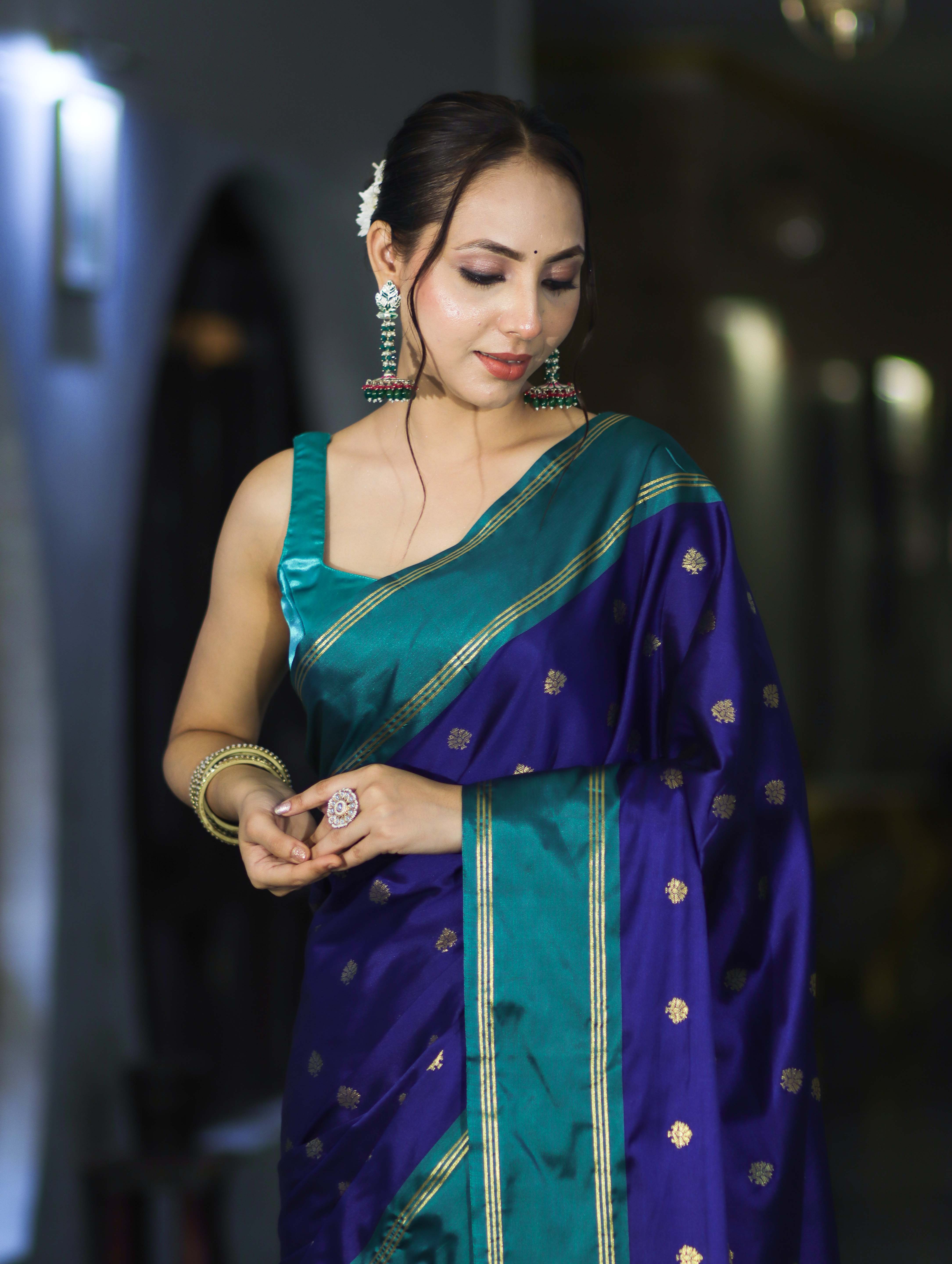 Banarasee Handloom Semi Silk Saree With Buti Design & Contrast Border-Violet & Green
