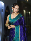 Banarasee Handloom Semi Silk Saree With Buti Design & Contrast Border-Violet & Green