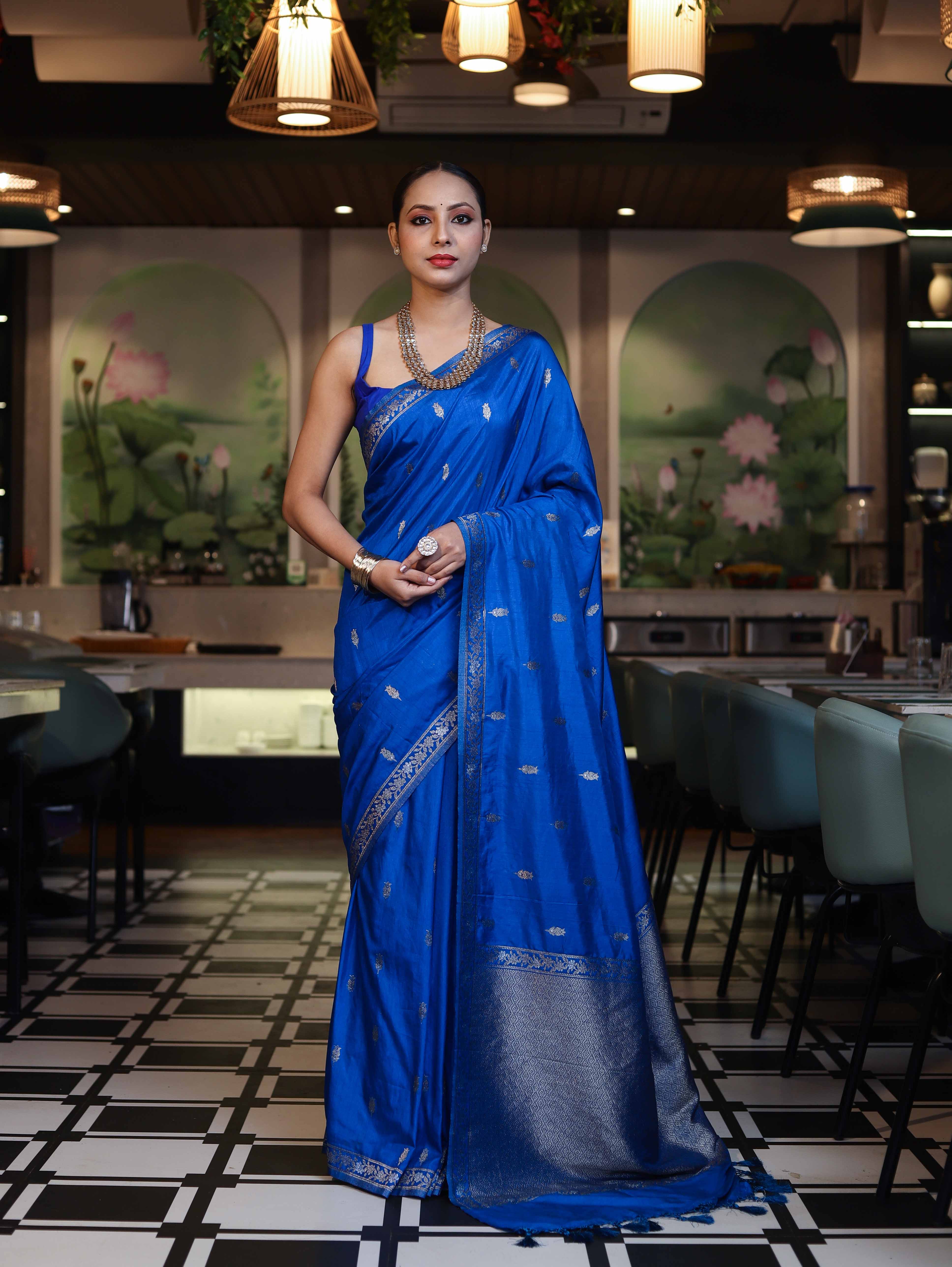 Banarasee Handloom Semi Silk Saree With Sona Rupa Zari Work & Border-Cobalt Blue