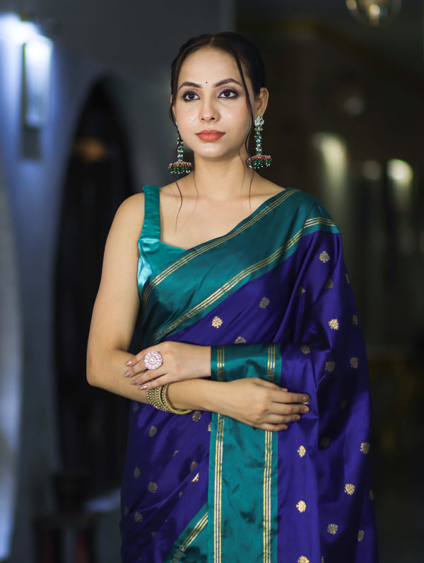 Banarasee Handloom Semi Silk Saree With Buti Design & Contrast Border-Violet & Green